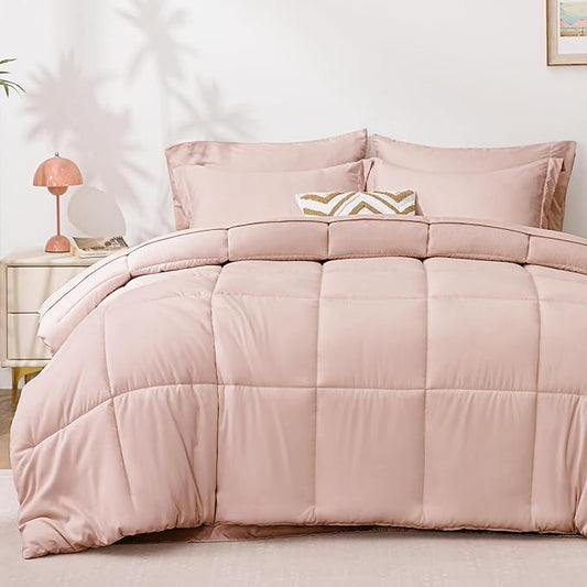 Love's cabin Queen Comforter Set Blush Pink, 7 Pieces Queen Bed in a Bag, All Season Bedding Sets with 1 Comforter, 1 Flat Sheet, 1 Fitted Sheet, 2 Pillowcase and 2 Pillow Sham