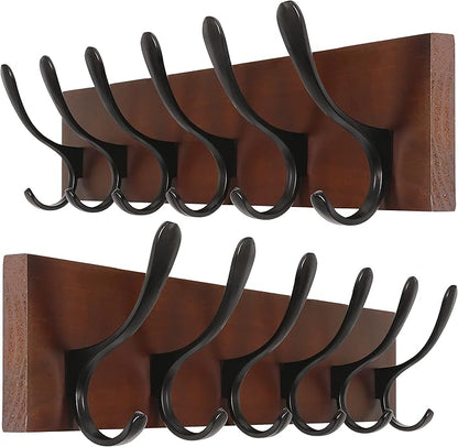 SKOLOO Coat Rack Wall Mount - Wooden Brown Wall Coat Hook, Pack of 2, Wall Coat Hanger Rack with 6 Hooks for Hanging Coats, Hats, Clothing, Scarfs, Brown & Black