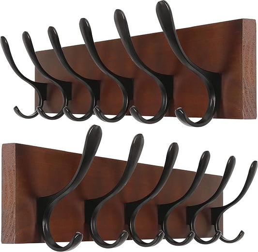 SKOLOO Coat Rack Wall Mount - Wooden Brown Wall Coat Hook, Pack of 2, Wall Coat Hanger Rack with 6 Hooks for Hanging Coats, Hats, Clothing, Scarfs, Brown & Black