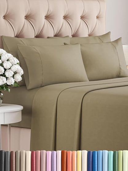 Queen Sheets Set 6 Piece - Bed Sheets Queen Size - Soft Hotel Luxury Bedding - Cooling, Comfy & Breathable - 1 Flat & 1 Fitted & 4 Pillowcases with Deep Pockets - Wrinkle Resistant & Fade Free - Khaki