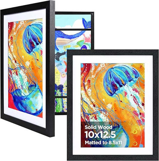 KINLINK 10x12.5 Kids Art Frames Set of 2, Solid Wood Kid Artwork Frames Changeable with Acrylic Front Opening Holds 150 Pictures with Mat or without Mat, Black