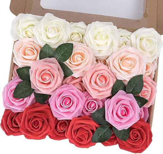 MACTING Artificial Rose Flowers 30PCS Fake Flowers with Stem Real Touch Soft Foam Rose Wedding Bouquet Baby Shower Table Centerpieces Home Spring Summer Decor(Gradual Red Series)
