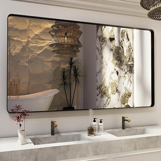 ISKM Large Black Framed Mirror for Bathroom 72" x 36" Wall Mounted Mirror Black Metal Framed Bathroom Mirror for Wall Round Corner (Horizontal/Vertical)