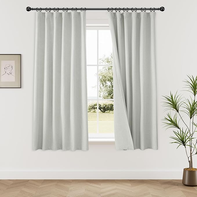 KangBang 100% Blackout Linen Curtains 63 Inches Long 2 Panels, Thermal Insulated Back Tab Loop Pocket Pleated Neutral Small Window Drapes for Bedroom, Greyish White,52x63