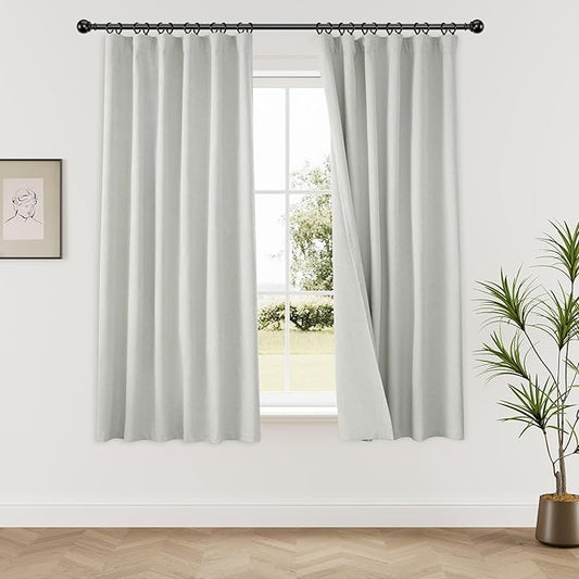 KangBang 100% Blackout Linen Curtains 63 Inches Long 2 Panels, Thermal Insulated Back Tab Loop Pocket Pleated Neutral Small Window Drapes for Bedroom, Greyish White,52x63