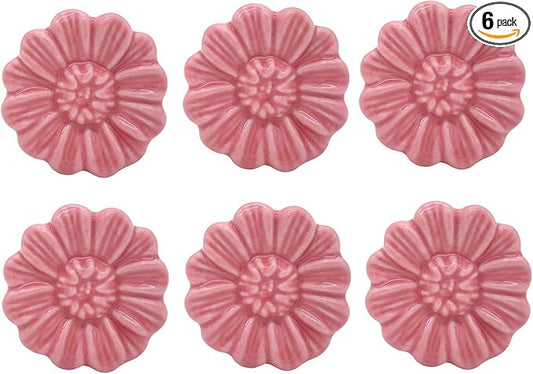 6PCS Vintage Floral Daisy Ceramic Dresser Drawer Knobs Elegant Cabinet Cupboard Door Hardware Pull Handles w/Screws Pink