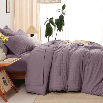 CozyLux Queen Comforter Set Dusty Purple Seersucker 7 Pieces Bed in a Bag Queen Comforter Set with Sheets, Luxury Bedding Sets with Down Alternative Comforter, Sheets, Pillowcases & Shams All Seasons