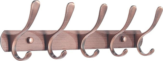 SKOLOO Coat Rack Wall Mount - Modern, Metal Wall Coat Rack with 5 Hooks, Sturdy Wall Hook Rack Rail for Hanging Coat, Jacket, Clothes, Hat, Red Copper