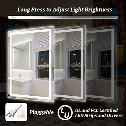 LED Bathroom Mirror with Lights, 55"x 30" Wall Mirrors with Anti-Fog, Dimmable, Backlit + Front Lit, 3 Color Modes, Memory Function Smart Mirror