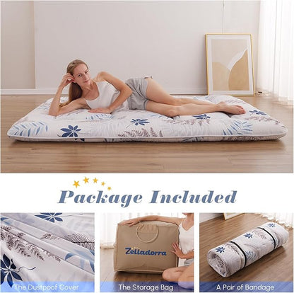 Japanese Floor Mattress, Futon Mattress with Portable Storage Bag and Washable Cover, Roll Up Thick Tatami Mat Suitable for Camping, Guest Room, White Leaf, Queen