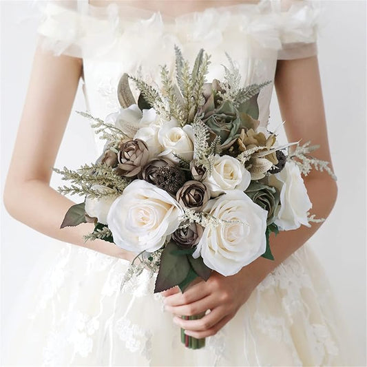 Wedding Bouquet Artificial Roses Flower Bride Bridal Bouquets Handmade Silk Creamy Flower Wedding Bridal Bouquets for Church Party Home Decoration