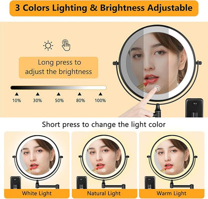 DECLUTTR Rechargeable Wall Mounted Lighted Makeup Mirror, 8 inch 10X Magnifying Mirror with 3 Color Lights, Dimmable Touch Screen Makeup Mirror with Lights for Bathroom, Black