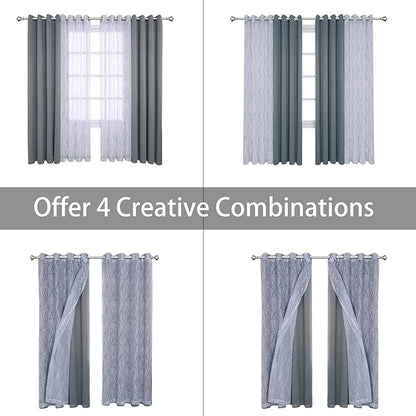 BONZER Mix and Match Curtains - 2 Pieces Branch Print Sheer Curtains and 2 Pieces Blackout Curtains for Bedroom Living Room Grommet Window Drapes, 54x84 Inch/Panel, Light Grey, Set of 4 Panels