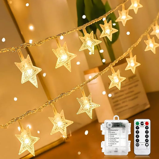 ANJAYLIA Star Lights 100 LED 32 FT Battery Operated String Lights Battery Power Star Fairy Lights for Bedroom Indoor & Outdoor, Party, Ramadan, Christmas Decorations Warm White