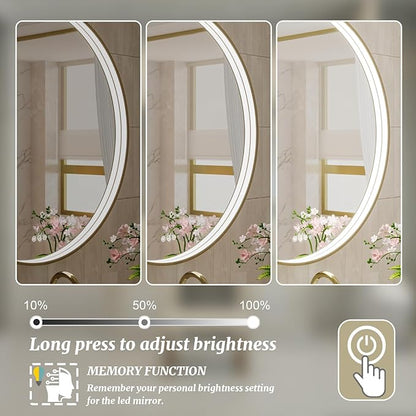 24 Inch Round LED Bathroom Mirror, Gold Metal Framed Lighted Mirror for Bathroom, Wall Mouted LED Vanity Mirror with Lights, 3 Colors and Stepless Dimmable, Anti-Fog, Memory