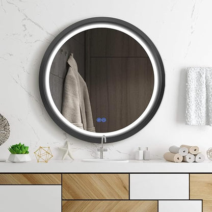 Round LED Mirror 24 Inch for Bathroom, Black Metal Frame Lighted Vanity Mirror,Wall Mounted Circle with Lights,6000K Anti-Fog & Dimmable Touch Button