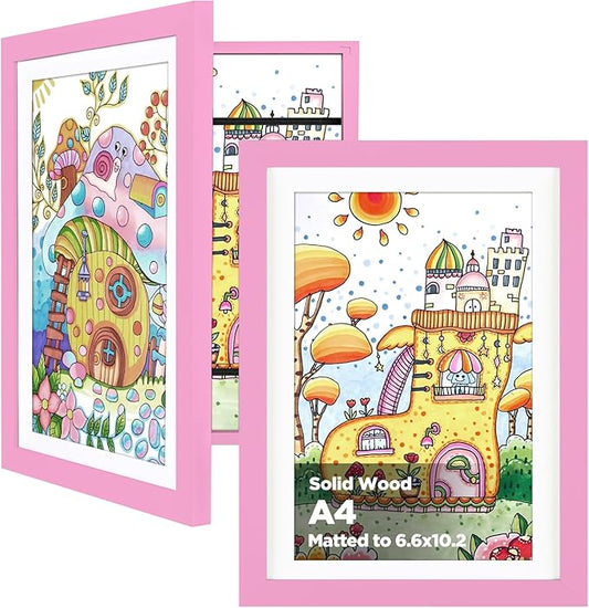 KINLINK A4 Kids Art Frames Set of 2, Solid Wood Kids Artwork Frames Changeable with Acrylic Front Opening Holds 150 Pictures, Art Frame for Kids Artwork with Mat or without Mat, Pink