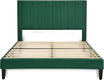 Allewie Queen Bed Frame/Velvet Upholstered Bed Frame with Vertical Channel Tufted Headboard/Strong Wooden Slats/Platform Bed Frame/Mattress Foundation/Box Spring Optional/Easy Assembly/Green