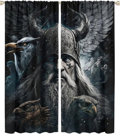 Fantasy Norse Viking Curtains,Cool Gothic Vintage Vikings Mystical Symbol Eagle Window Treatments Thermal Insulated Rod Pocket Blackout Drapes for Bedroom 2 Panels 54L x 21W