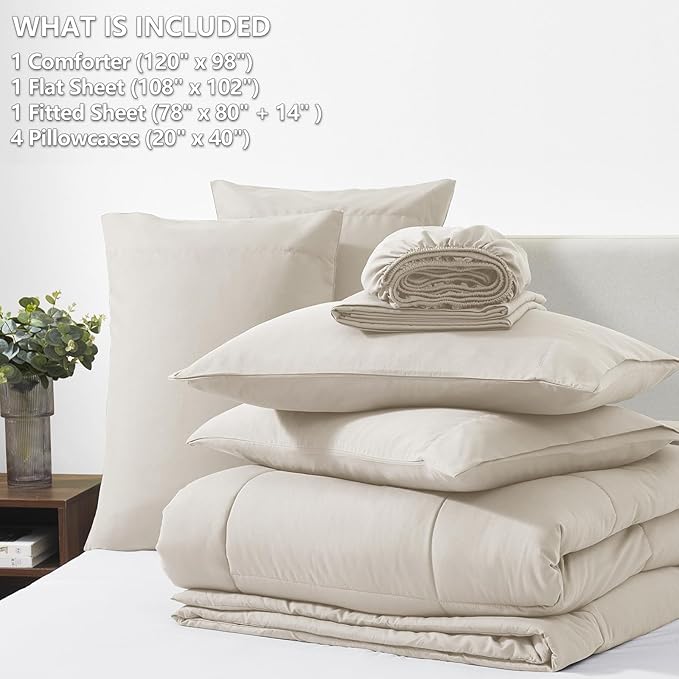 CozyLux Oversized King Comforter Sets Beige, 7 Pieces Bed in a Bag, Ultra-Soft All Season Bedding Sets with Stitch Quilted Comforter, Flat Sheet, Fitted Sheet, Pillowcases, Beige