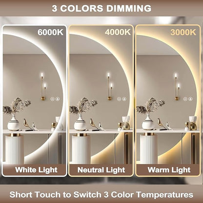 Half Moon Mirrors for Wall, 44"x22" Led Bathroom Mirror with Lights - 3-Color Backlit & Stepless Dimming-Anti-Fog-Modern Vanity Mirror-Shatterproof Glass-Memory