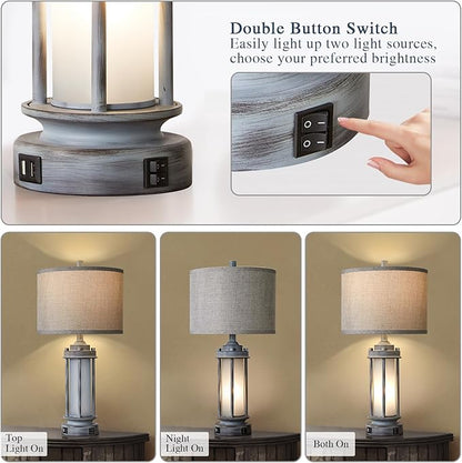 Rustic Table Lamp for Bedroom Living Room with 2 USB Ports, Farmhouse Vintage Nightstand Lamp 25'' with Light Green Glass Nightlight, Antique Retro Desk Lamp for Entryway, 2 Bulbs Included
