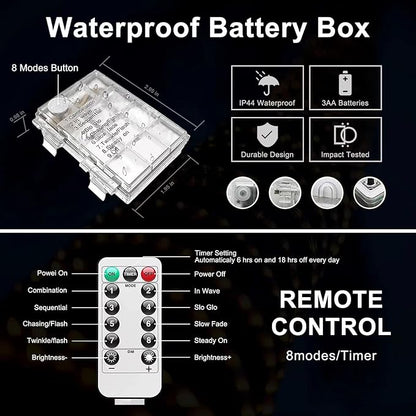 JMEXSUSS 100 LED Blue Battery Operated Rope Lights Outdoor Waterproof, 33ft 8 Modes Battery Christmas Light, Battery Powered String Lights with Remote for Trampoline Camping Canopy Tent Pool Decor