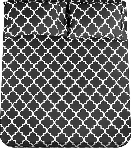 Mejoroom Full Bed Sheet Set - Super Soft Brushed Microfiber 1800 Thread Count Sheets with 16inches Deep Pocket - Wrinkle Free - 4 Piece(Full, Black Quatrefoil with White Pattern)