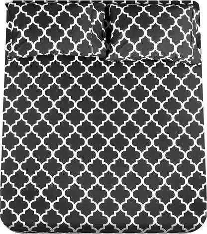 Mejoroom King Bed Sheet Set - Super Soft Brushed Microfiber 1800 Thread Count Sheets with 15 inch Deep Pocket - Wrinkle Free - 4 Piece(King, Black Quatrefoil with White Pattern)