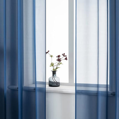 DUALIFE Navy Indigo Blue 54 Inches Sheer Curtains for Bathroom Small Windows with Grommet Semi Voile Drapes for Boys Room Kids Bedroom 52 x 54 Inch Length Set of 2 Panels Dark Blue