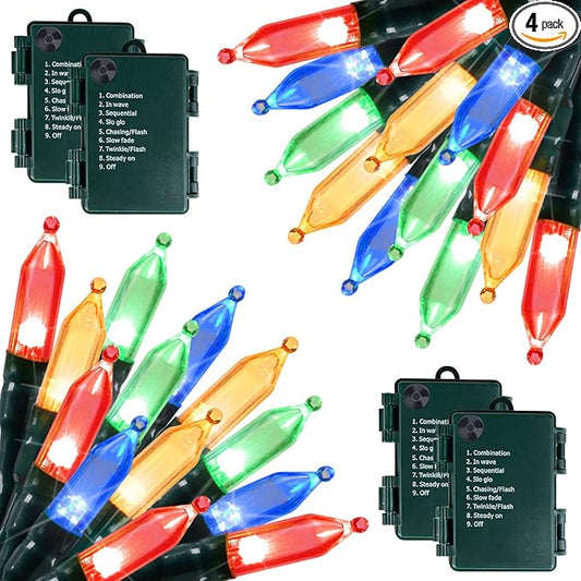 Christmas Lights Battery Operated 4 Pack 8 Feet 20 LED String Lights on Green Wire with 8 Modes Waterproof Tree Lights for Outdoor Indoor Holiday Party Garden Xmas Tree Decorations, Multicolor