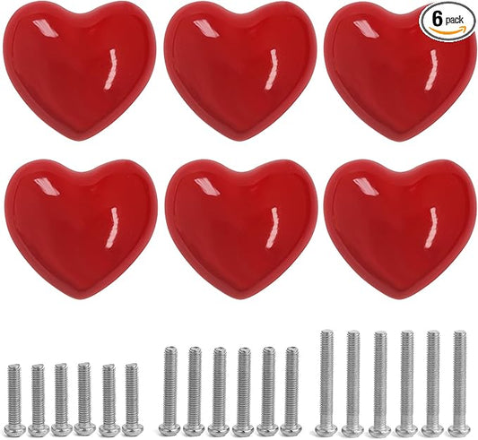 Heart Ceramic Dresser Drawer Knobs Heart Shape Cabinet Dresser Pulls Handles with 3 Sized Screws Kitchen Furniture Knobs (Red, 6 Pack)