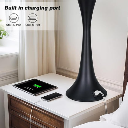 27.5" Table Lamps Set of 2, Touch Bedside Lamps with USB C+A Ports, 3 Way Dimmable Nightstand Lamps for Bedroom, Living Room, Office, Black Lamp with Beige Lampshade, Bulbs Included
