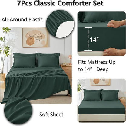 CozyLux Queen Comforter Set Forest Green - Bed in a Bag Queen Size 7 Pieces, Luxury Soft Bed Set for All Seasons, Bedding Set with Down Alternative Comforter, Sheets, Pillowcases & Shams