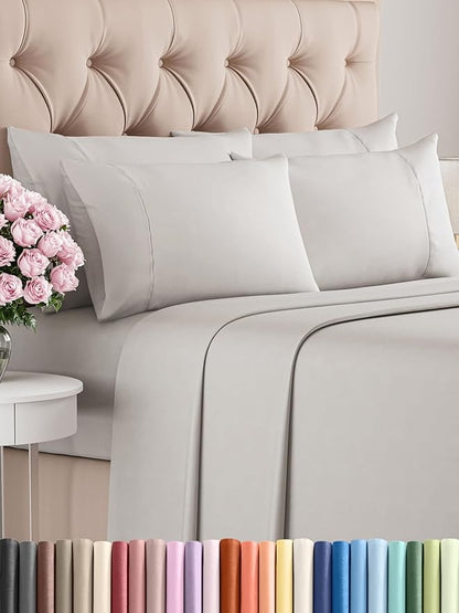 Queen Sheets Set 6 Piece - Includes 4 Pillowcases - Bed Sheets Queen Size - Soft Hotel Luxury Bedding - Cooling, Comfy & Breathable - 1 Flat & 1 Fitted & 4 Pillowcases w/ Deep Pockets - French Grey