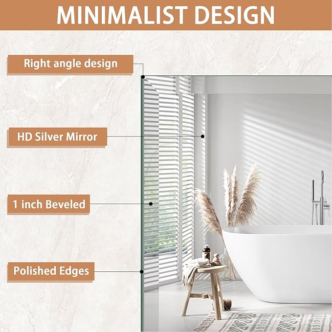 Frameless Mirror for Bathroom Vanity,18x36in Wall Mounted Mirrors for Over Sink Decorative Rectangular Frameless Mirror,With Polished Edge,Hangs Horizontally Or Vertically,Entryways,Room,Shatterproof