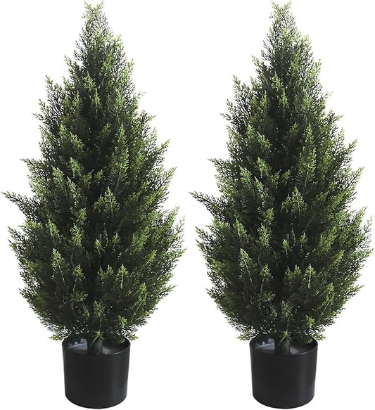 3FT Artificial Topiary Tree Realistic Faux Cedar Pines Christmas Trees UV Rated Fake Shrubs for Front Porch Faux Plants Indoor and Outdoor Decor (2 Pack)