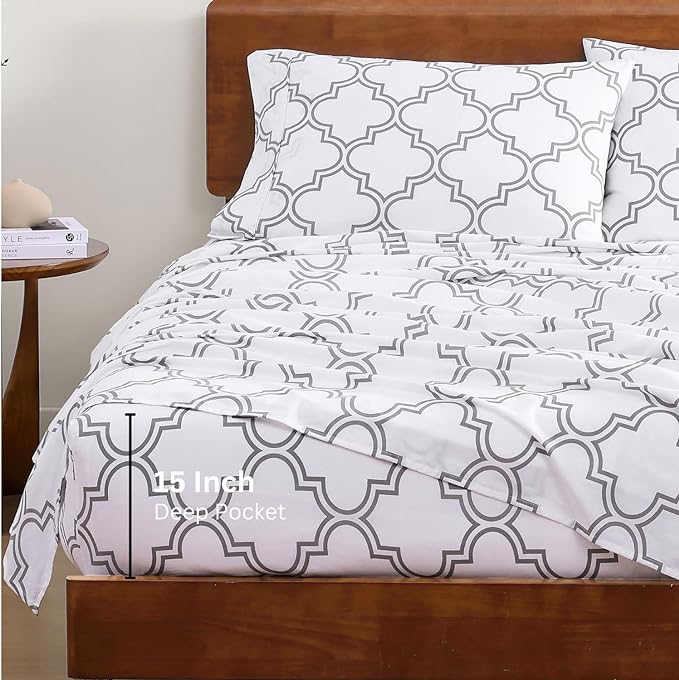 LANE LINEN 100% Organic Cotton King Size Bedding Sets, Soft & Comfy Percale Sheets, Breathable Luxury Hotel Low Pill Fade Resistant Printed Cotton Sheets,15" Deep Pocket King Sheet Set - Trellis