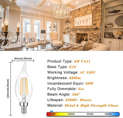 TOBUSA Dimmable E12 Candelabra LED Bulbs 60 Watt Incandescent Equivalent, 2700K Warm White, Clear LED Chandelier Light Bulbs 6W, 600lm, CA11 Vintage Ceiling Fan Light Bulbs with Flame Tip, 6-Pack
