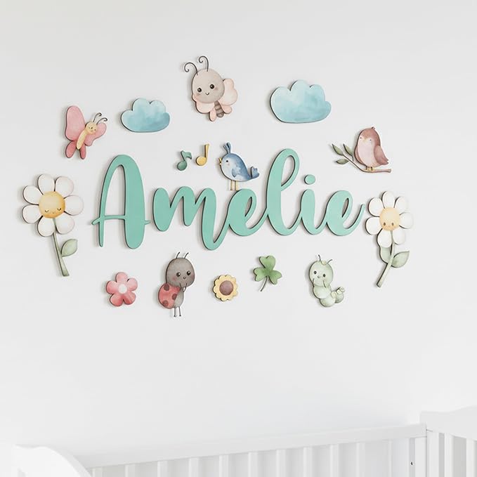 Custom Nursery Name Sign with Themed Decor Kit | Personalized Wooden Wall Art for Baby, Kids Room | Space, Jungle, Circus, Under the Sea, Woodland, Rainbow (50", Fairy Garden)