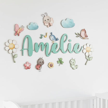 Custom Nursery Name Sign with Themed Decor Kit | Personalized Wooden Wall Art for Baby, Kids Room | Space, Jungle, Circus, Under the Sea, Woodland, Rainbow (50", Fairy Garden)