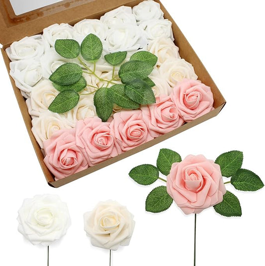 JOYLEX Artificial Flowers Realistic Roses, Real Looking Fake Roses with Stem for DIY Wedding Bouquets Centerpieces Bridal Shower Party Romantic Decorations (25pcs, White/Cream/Light Pink)