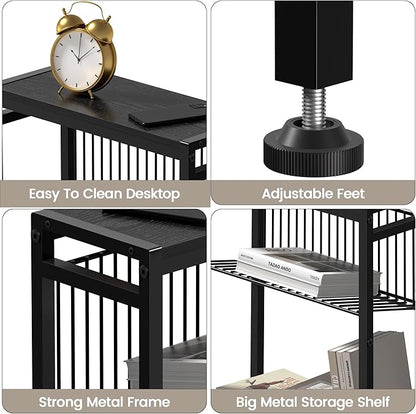 End Table Set of 2 for Small Space, 3-Tier Narrow Side Table with Magazine Holder,Slim Nightstand, Skinny Snack Couch Table in Living Room, Bedroom Study and Balcony (Black)