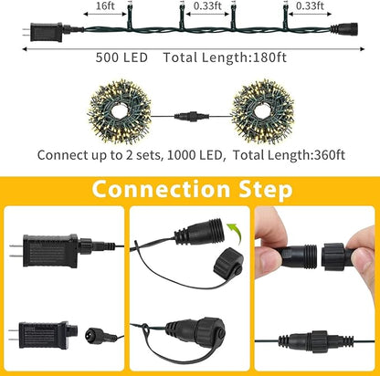 QUWIN Led Outdoor Christmas String Lights, 500 LED UL Certified 8 Lighting Modes, Indoor & Outside Waterproof Fairy Light for Christmas Tree, Patio, Holidays, Party (180 Ft Warm White)
