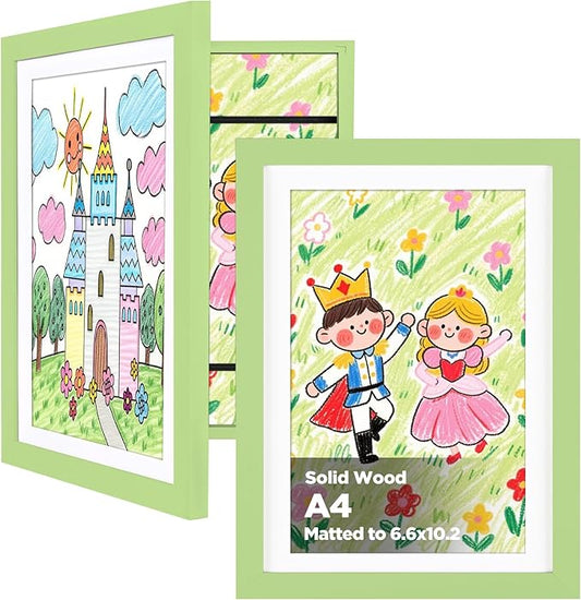 KINLINK A4 Kids Art Frames Set of 2, Solid Wood Kids Artwork Frames Changeable with Acrylic Front Opening Holds 150 Pictures, Art Frame for Kids Artwork with Mat or without Mat, Light Green