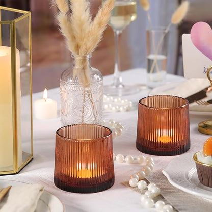 Amber Ribbed Tealight Votive Candle Holders- 6Pack Glass Candle Holders for Table Centerpiece, Home Decor, Wedding Decor, Party Dinner