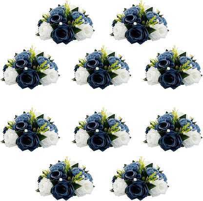 10Pcs Fake Flower Ball Arrangement Bouquet, 9.5" 15 Heads Plastic Roses with Base,Suitable for Parties Valentine's Day Wedding Centerpiece Flower Rack and Home Décor (Dusty Blue & White)