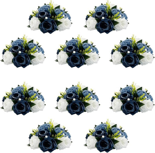 10Pcs Fake Flower Ball Arrangement Bouquet, 9.5" 15 Heads Plastic Roses with Base,Suitable for Parties Valentine's Day Wedding Centerpiece Flower Rack and Home Décor (Dusty Blue & White)