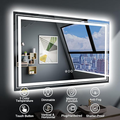 LED Bathroom Mirror, 48"X24" with Front and Backlit, Anti-Fog, Large Bathroom Vanity Mirror for Wall, Memory Function, Stepless Dimmable, Tempered Glass (Horizontal/Vertical)