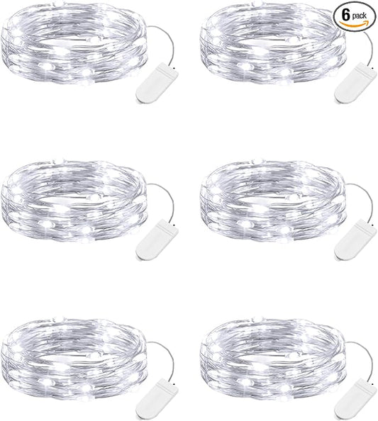 Minetom 6 Pack Fairy Lights Battery Operated String Lights - 7ft 20 LED Waterproof Silver Wire Firefly Lights Waterproof for DIY Crafts Wedding Décor Table Mason Jars Party, White